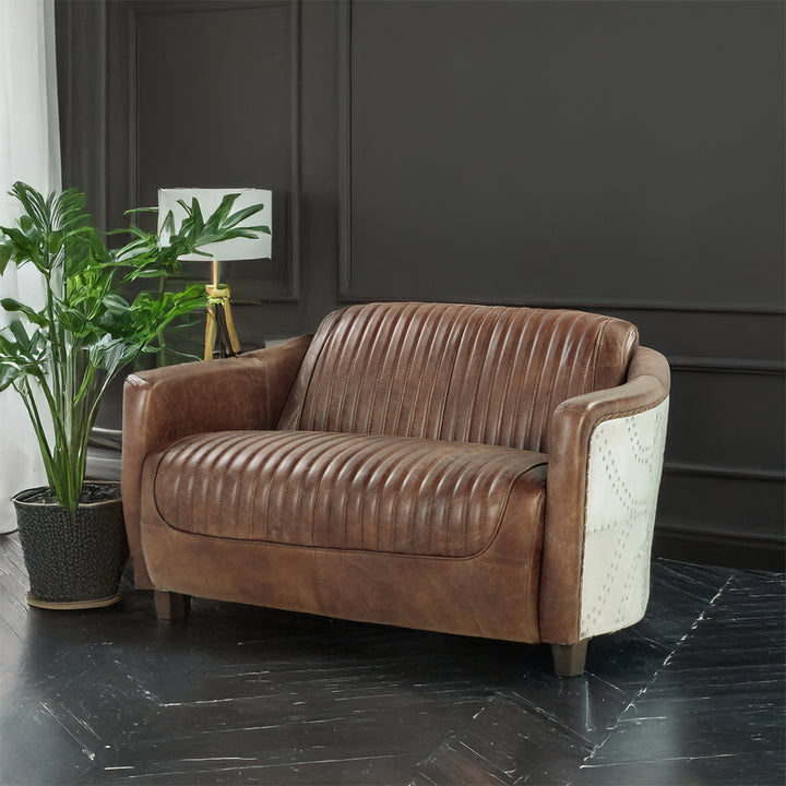 Brancaster Loveseat in Retro Brown Top Grain Leather &amp; Aluminum