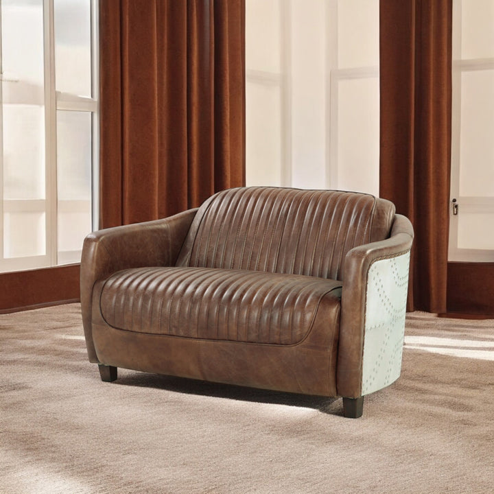 Brancaster Loveseat in Retro Brown Top Grain Leather &amp; Aluminum