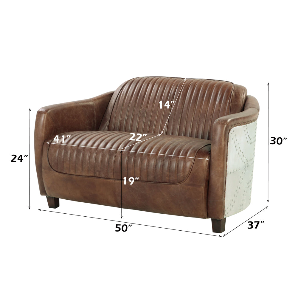 Brancaster Loveseat in Retro Brown Top Grain Leather & Aluminum - dimensions