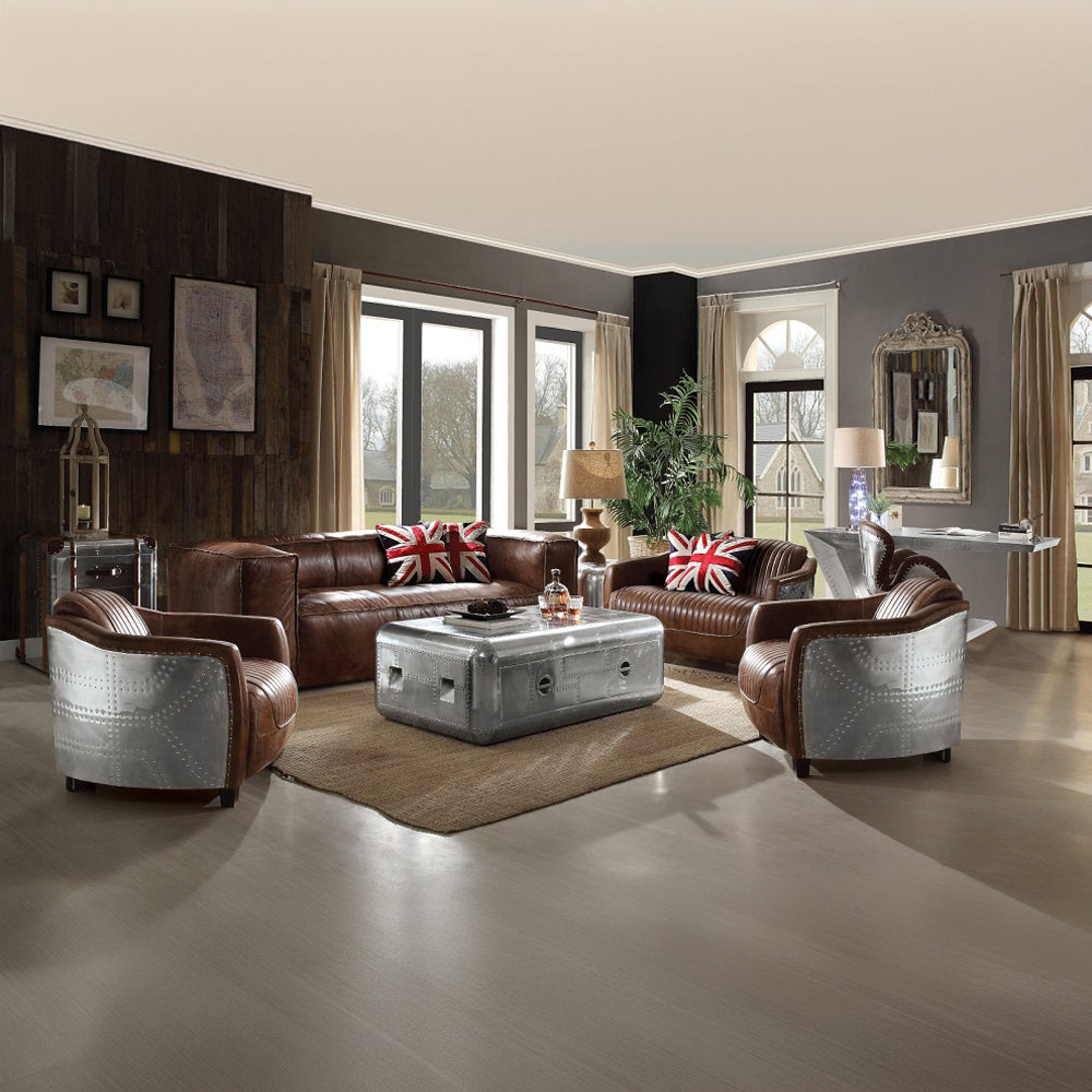 Brancaster Loveseat in Retro Brown Top Grain Leather & Aluminum - lifestyle
