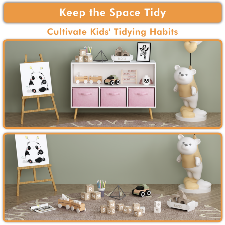 modern-kids-bookcase-with-collapsible-fabric-drawers-childrens-book-display-toy-storage-white-pink-mdf-pine-legs