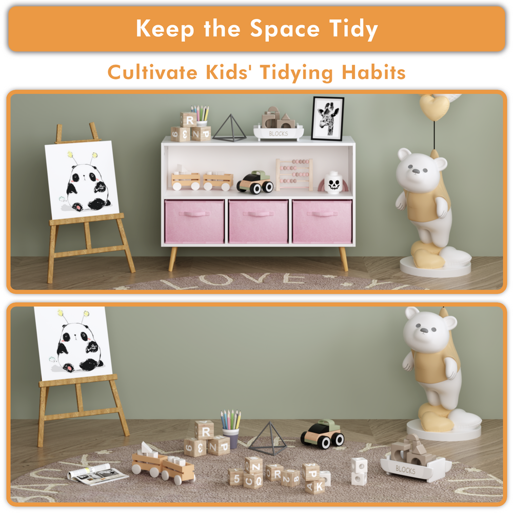 modern-kids-bookcase-with-collapsible-fabric-drawers-childrens-book-display-toy-storage-white-pink-mdf-pine-legs