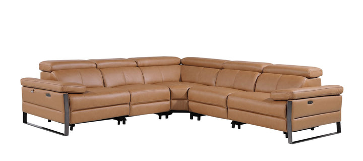 DivanItalia 1246 5-Piece L-Shaped Modular Power Reclining Sectional with Power Headrests – Top Grain Italian Leather - Cognac