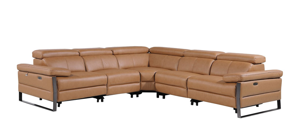 DivanItalia 1246 5-Piece L-Shaped Modular Power Reclining Sectional with Power Headrests – Top Grain Italian Leather - Cognac