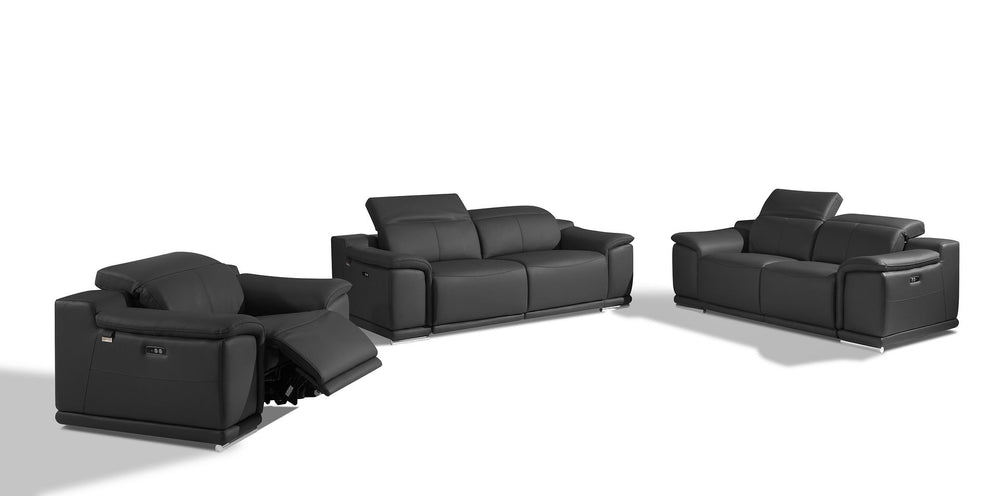 DivanItalia 9762 Top Grain Italian Leather Power Reclining Sofa, Loveseat and Chair Set with Adjustable Headrests - Dark Gray