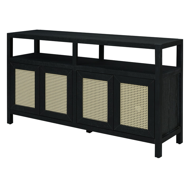 bohemian-style-rattan-sideboard-or-buffet-storage-cabinet-with-solid-wood-frame-black