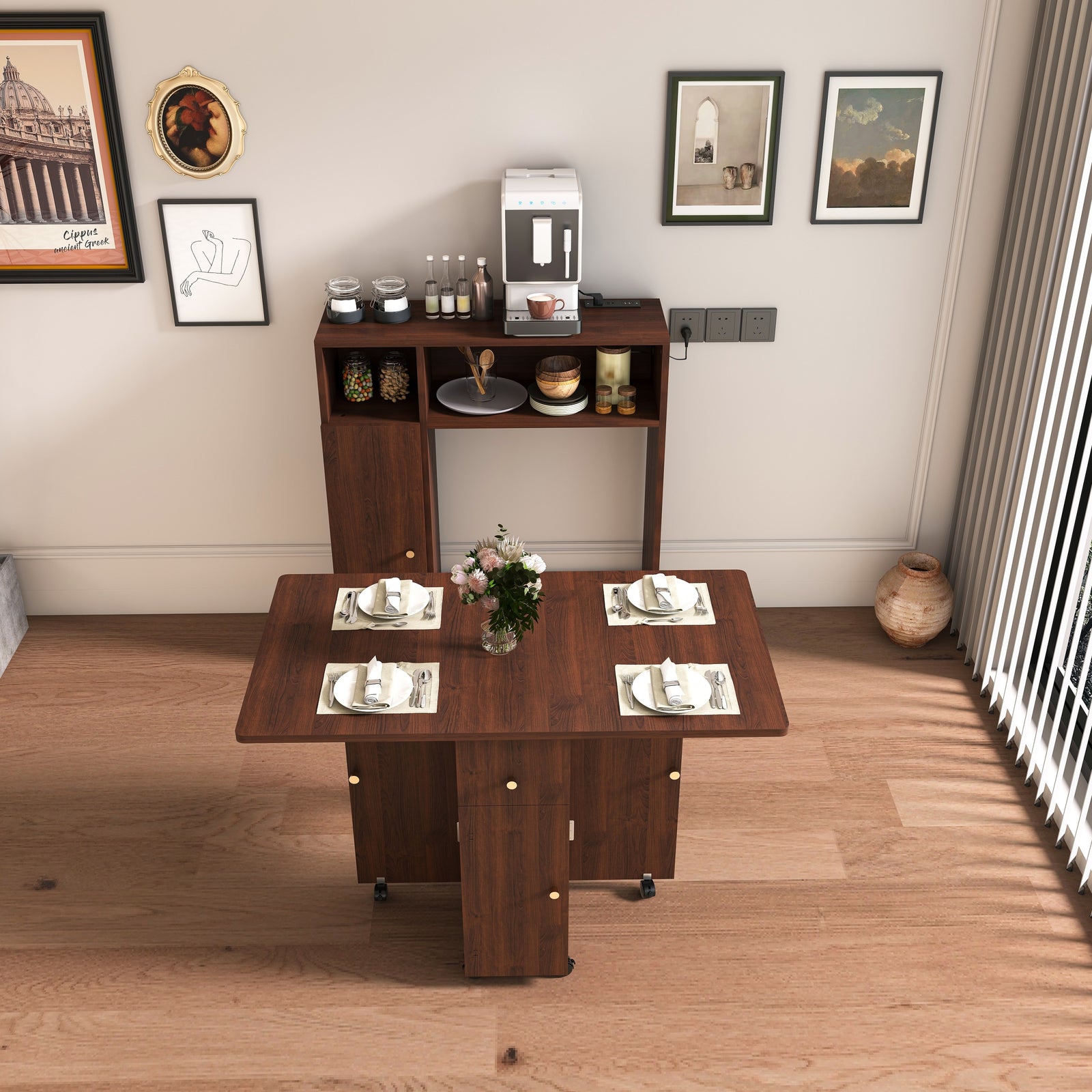 Folding Dining Table with Wall-Mounted Sideboard & Storage in Walnut