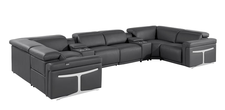 DivanItalia 1126 8-Piece U-Shaped Sectional Sofa in Top Grain Italian Leather with 2 Power Recliners &amp; Power Headrests - Dark Gray