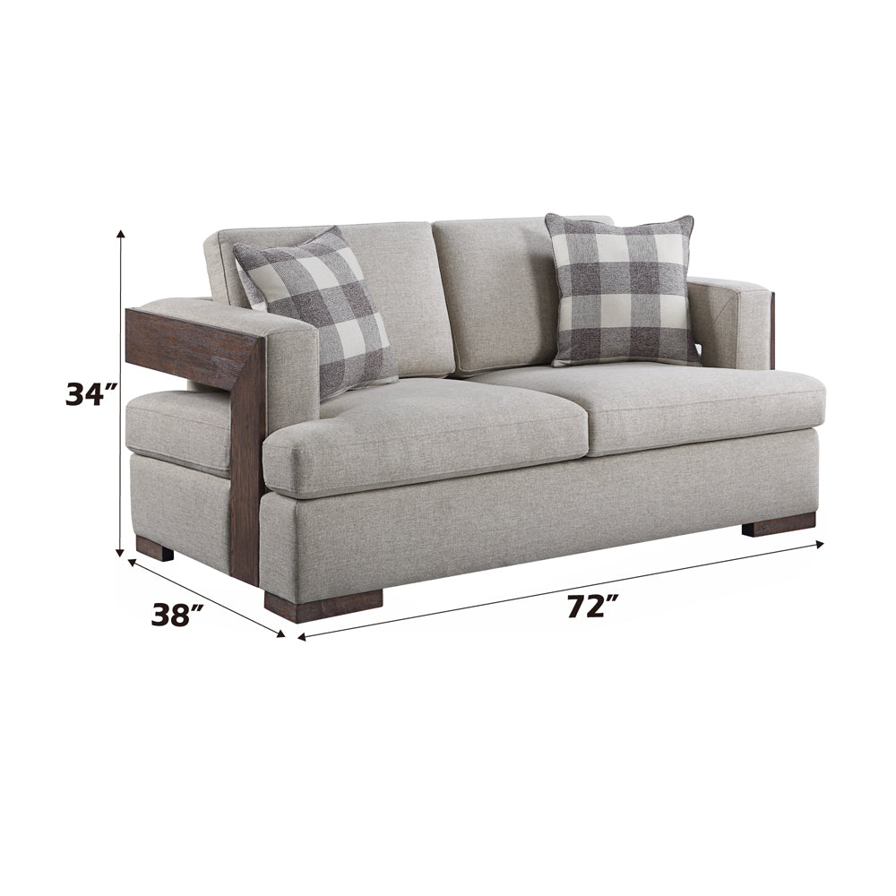 Niamey Loveseat with 2 Pillows in Fabric & Walnut - dimensions
