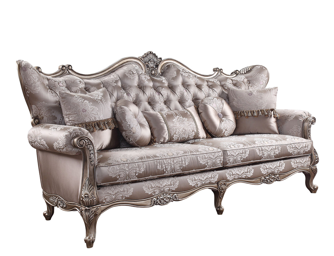 Jayceon Sofa with 5 Pillows in Fabric & Champagne