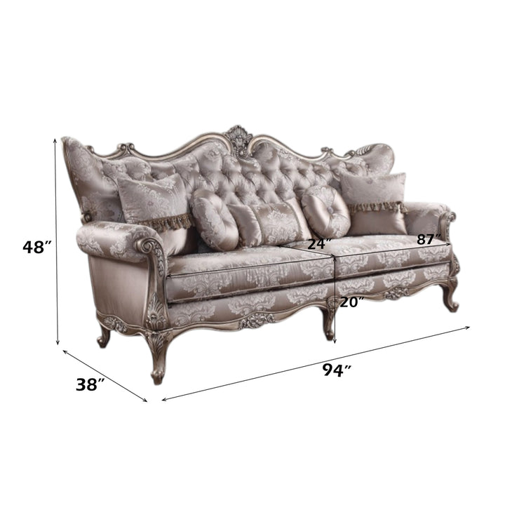 Jayceon Sofa with 5 Pillows in Fabric &amp; Champagne - dimensions