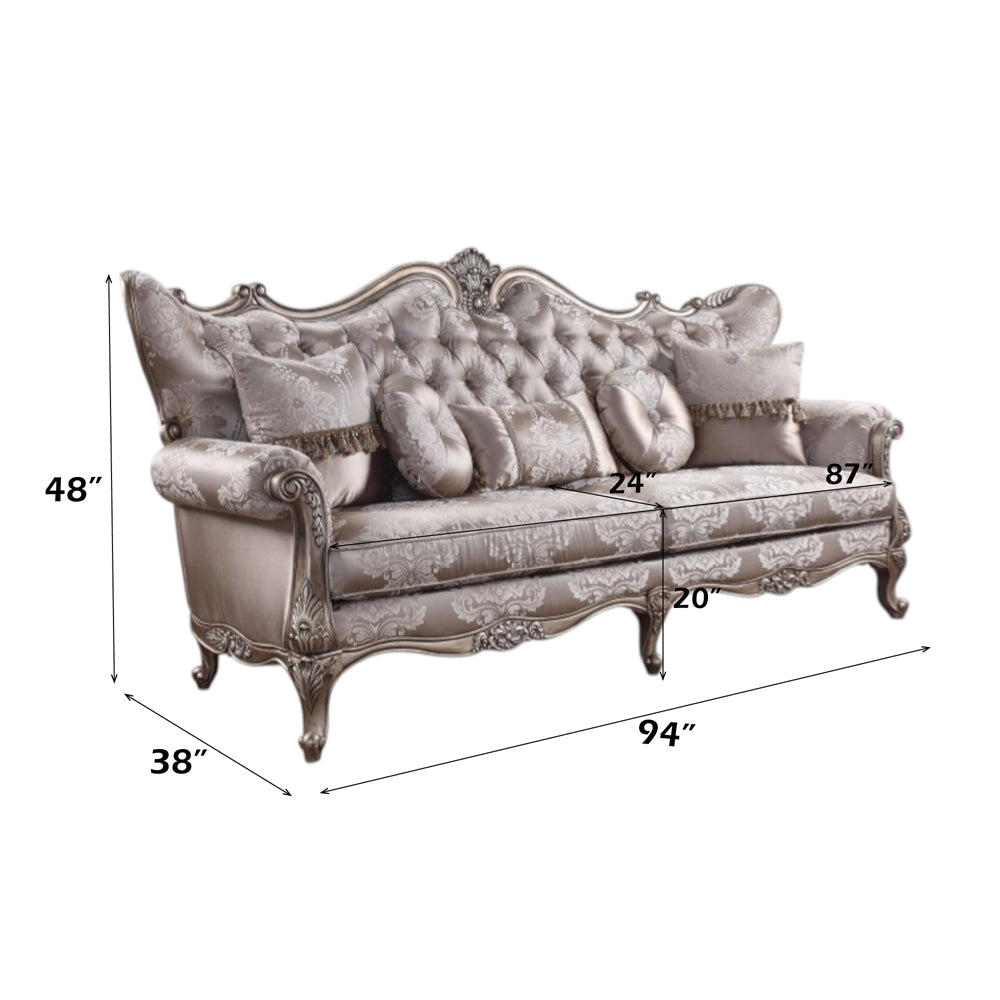 Jayceon Sofa with 5 Pillows in Fabric & Champagne - dimensions