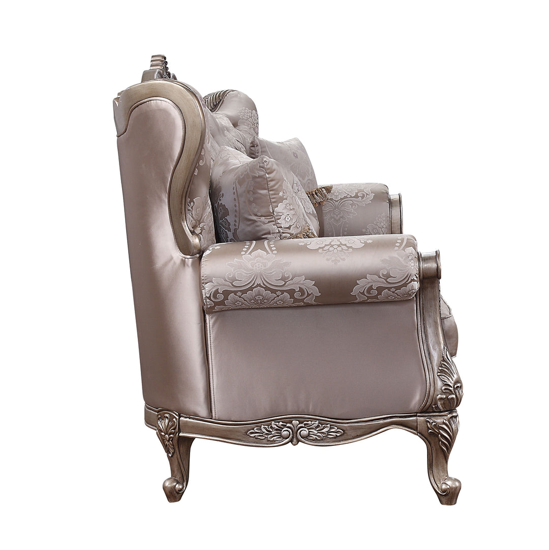 Jayceon Sofa with 5 Pillows in Fabric & Champagne