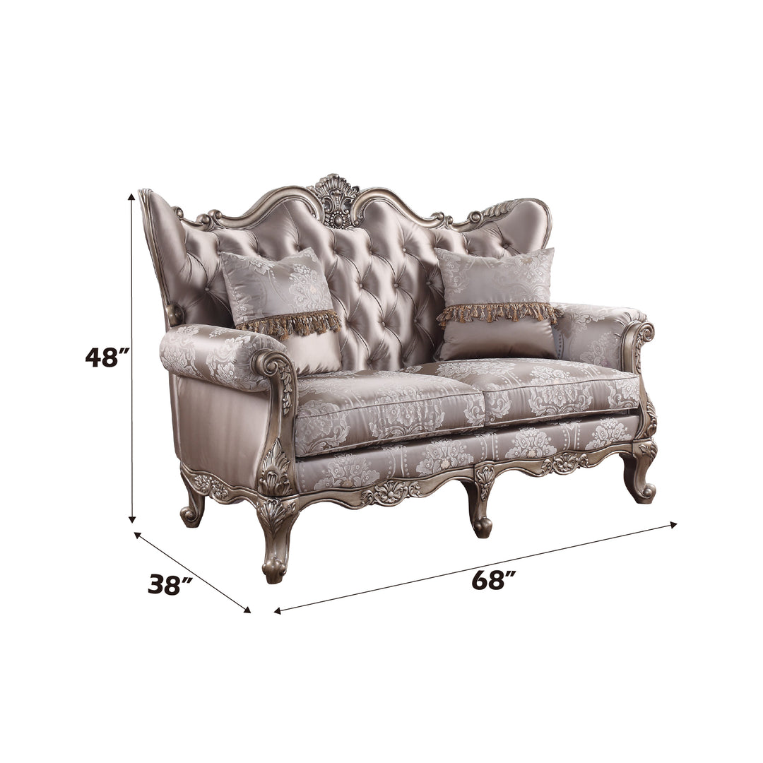 Jayceon Loveseat with 2 Pillows in Fabric & Champagne - dimensions