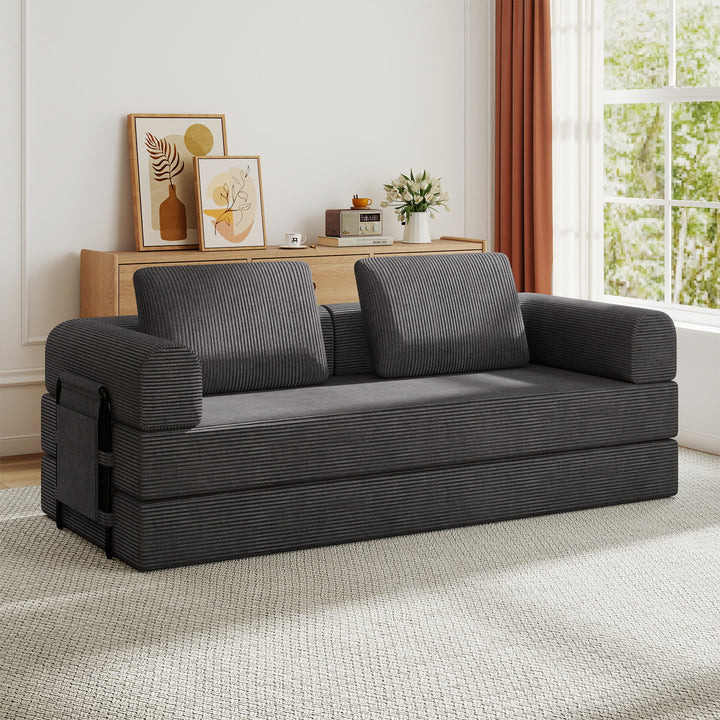 Corduroy Convertible Sleeper Sofa Bed with Pillow -Dark Gray