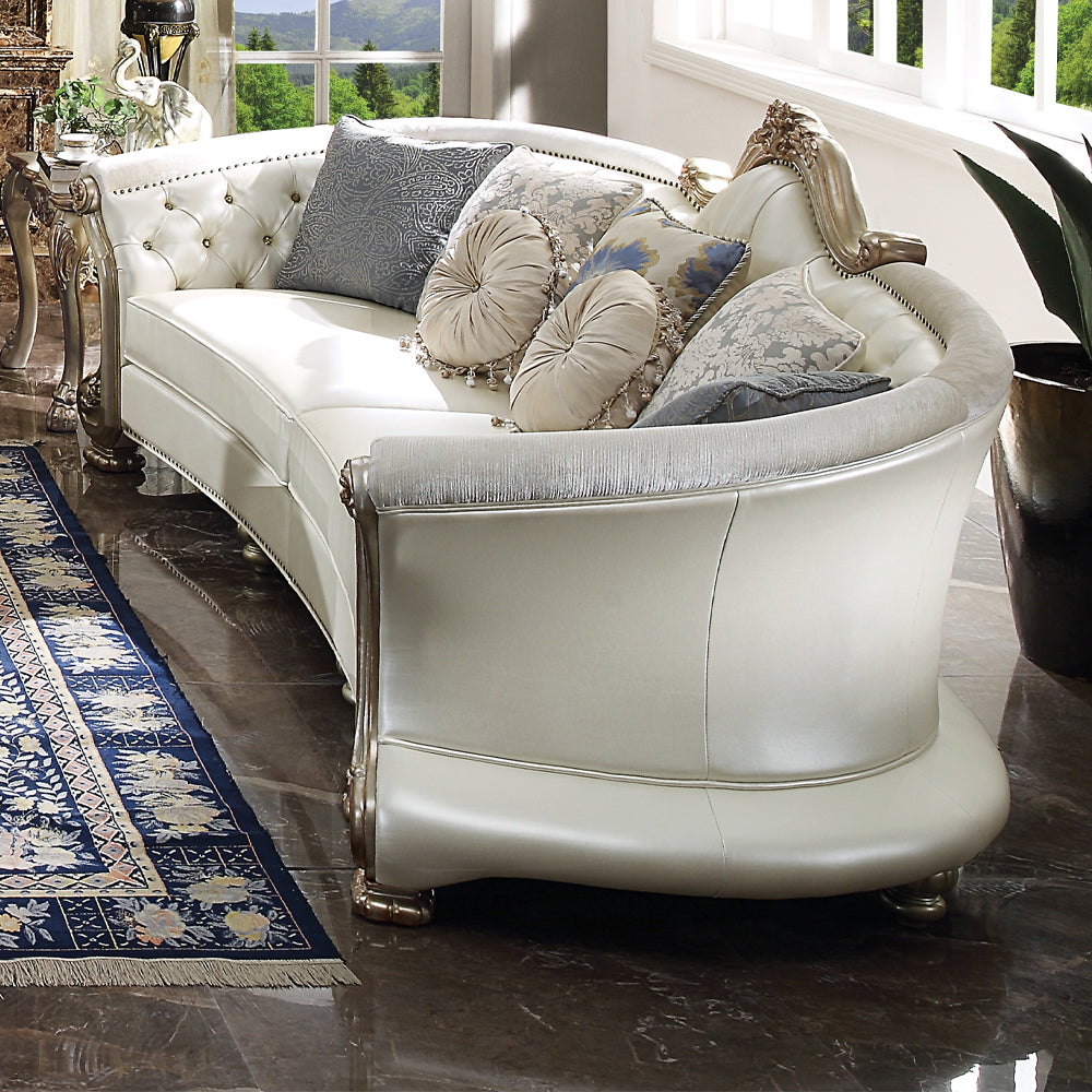 Dresden II Sofa with 7 Pillows in Pearl Leatherette & Gold Patina
