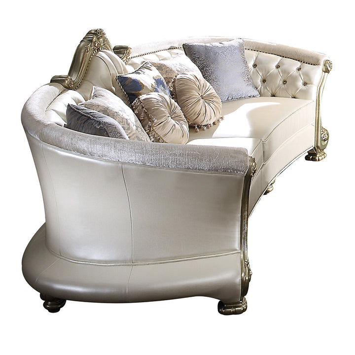 Dresden II Sofa with 7 Pillows in Pearl Leatherette &amp; Gold Patina