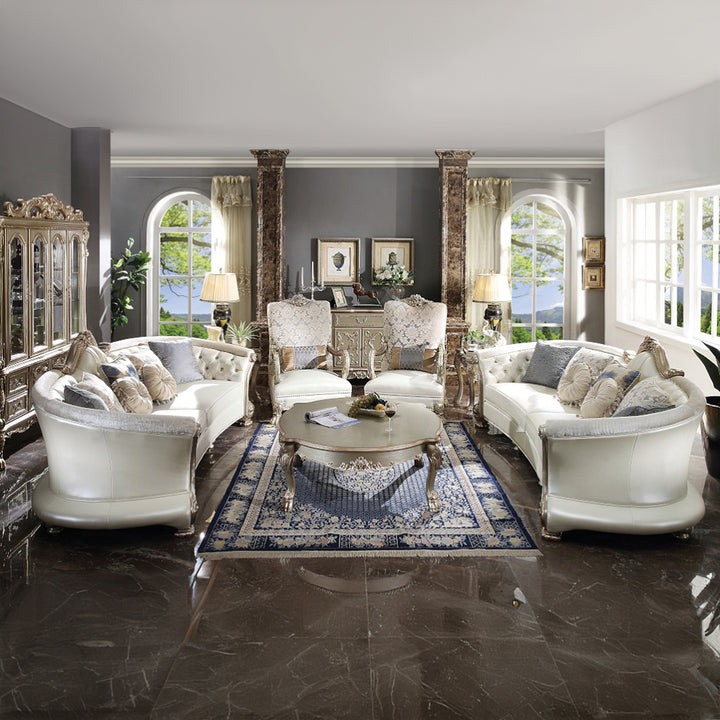 Dresden II Sofa with 7 Pillows in Pearl Leatherette &amp; Gold Patina