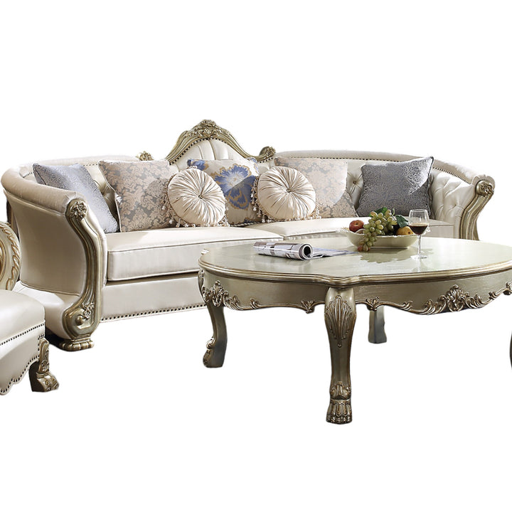 Dresden II Sofa with 7 Pillows in Pearl Leatherette &amp; Gold Patina