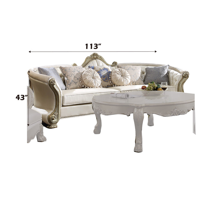 Dresden II Sofa with 7 Pillows in Pearl Leatherette &amp; Gold Patina - dimensions