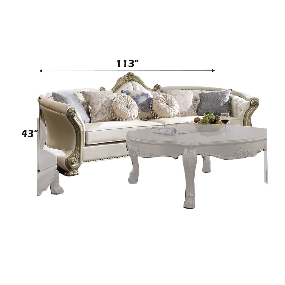 Dresden II Sofa with 7 Pillows in Pearl Leatherette & Gold Patina - dimensions