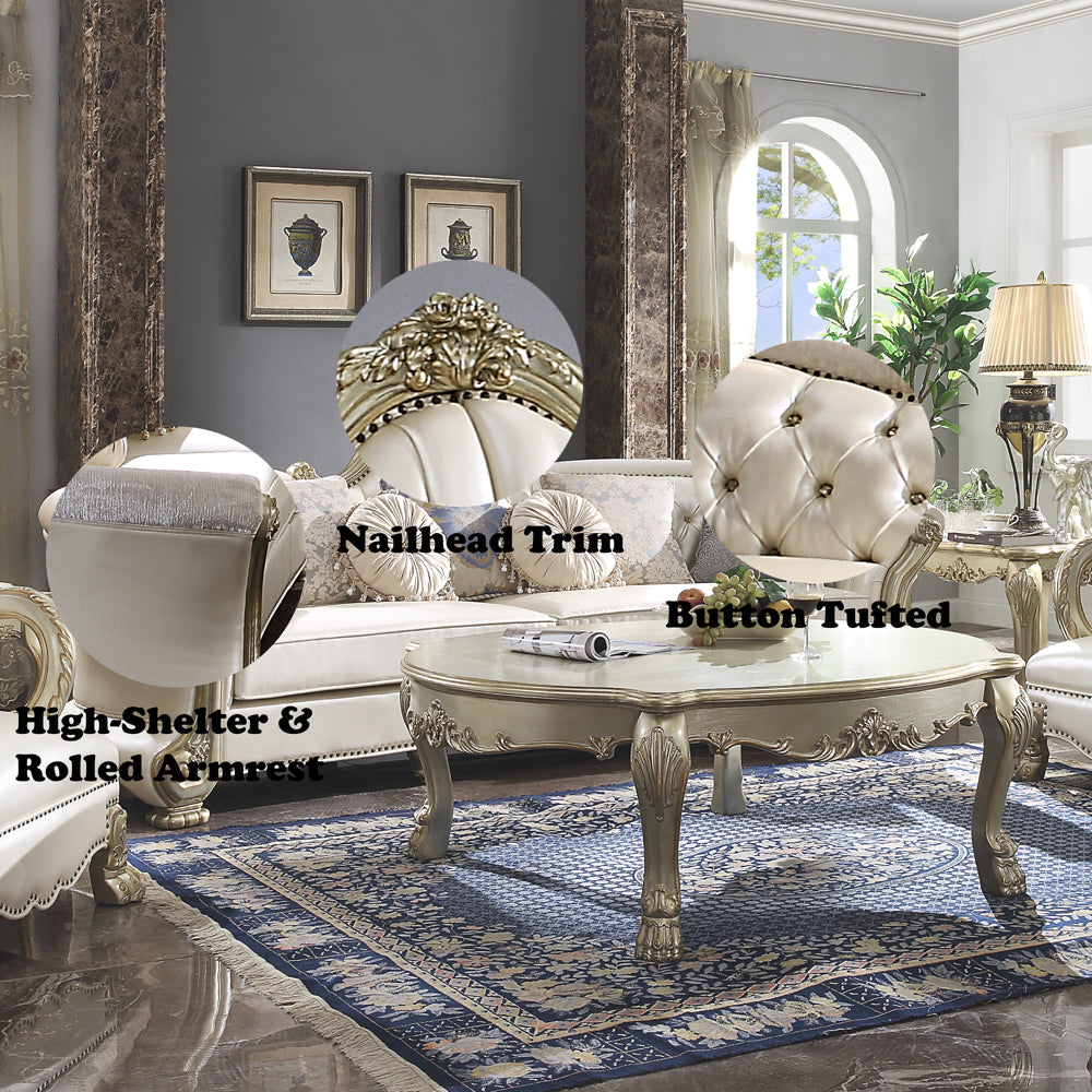 Dresden II Sofa with 7 Pillows in Pearl Leatherette & Gold Patina - features