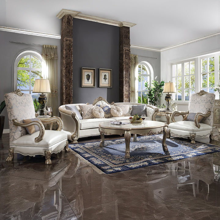 Dresden II Sofa with 7 Pillows in Pearl Leatherette &amp; Gold Patina - lifestyle