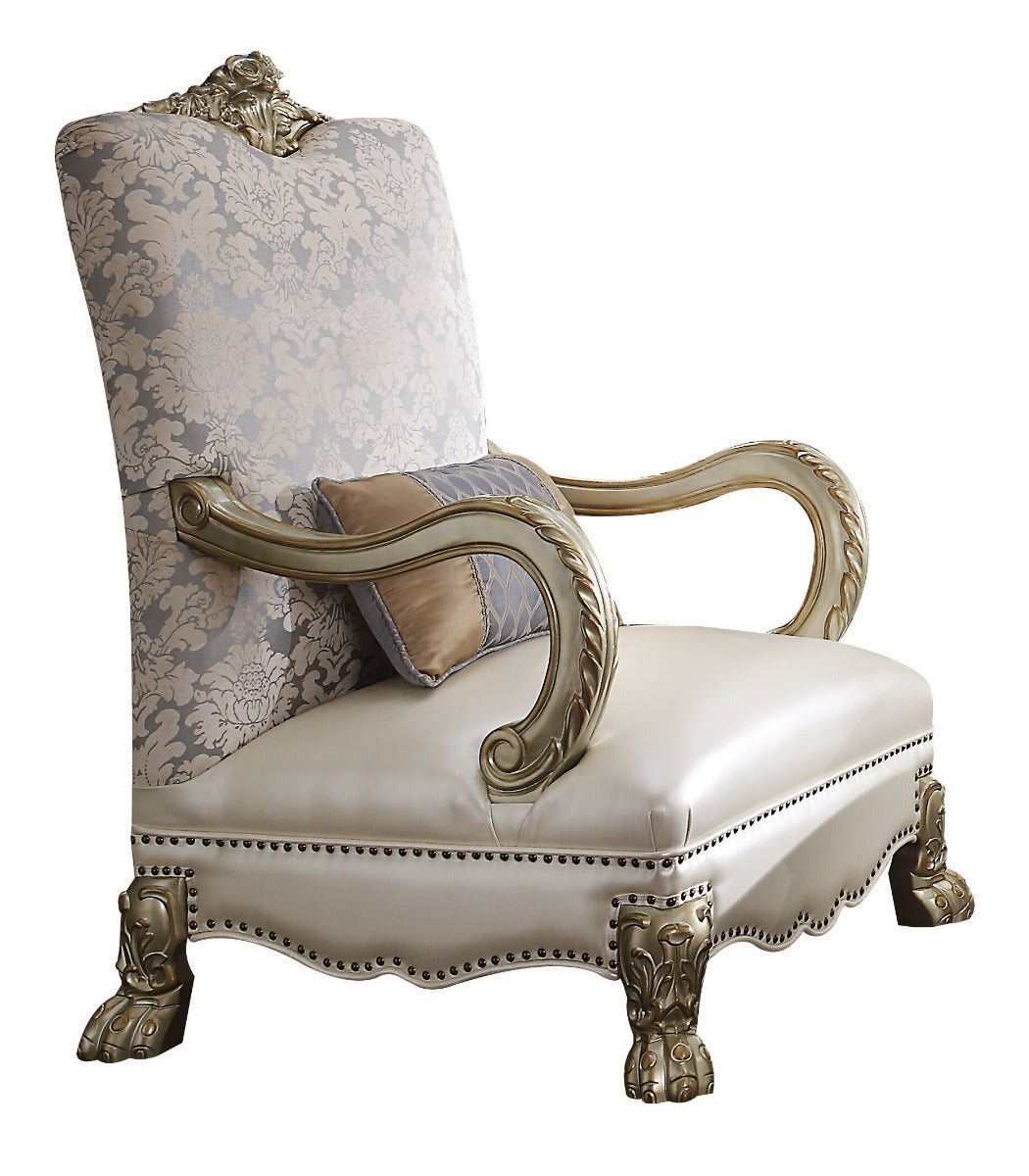 Dresden II Chair with Pillow in Pearl Leatherette/Fabric & Gold Patina
