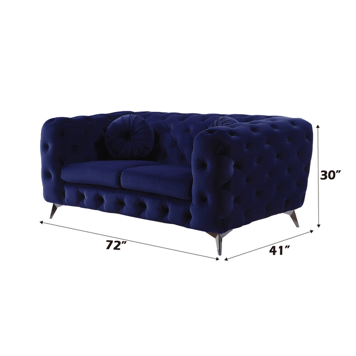 Atronia Loveseat in Blue Velvet - dimensions