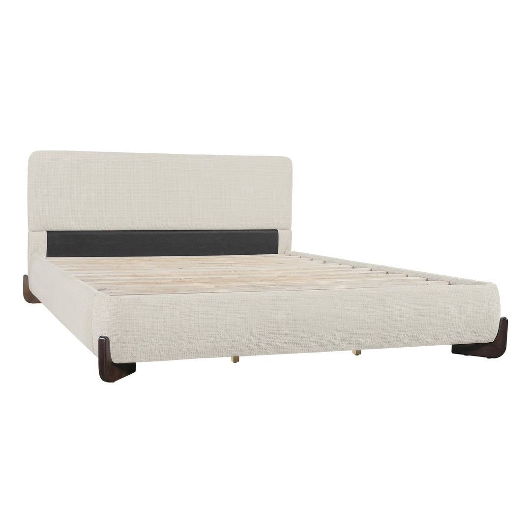 Upholstered King Bed in Beige Chenille Fabric with Solid Wood Feet and Wooden Slats Support