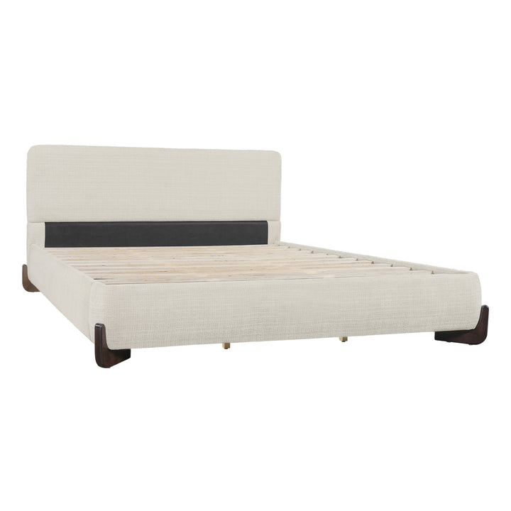 Upholstered King Bed in Beige Chenille Fabric with Solid Wood Feet and Wooden Slats Support