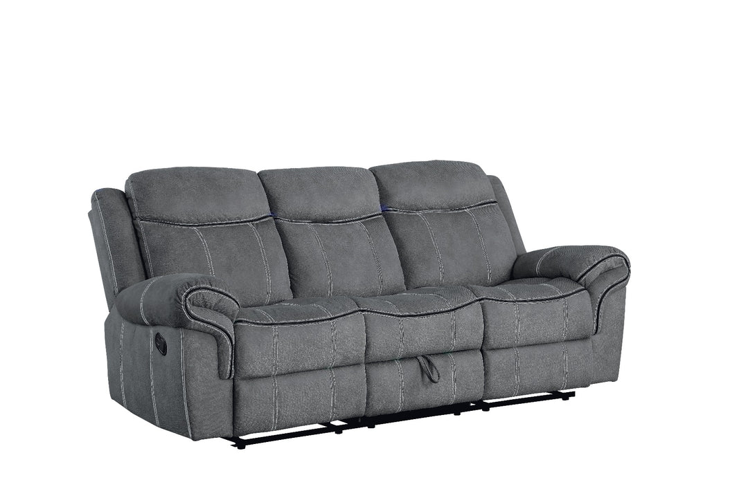 Zubaida Motion Sofa & Console with USB in Two Tone Gray Velvet