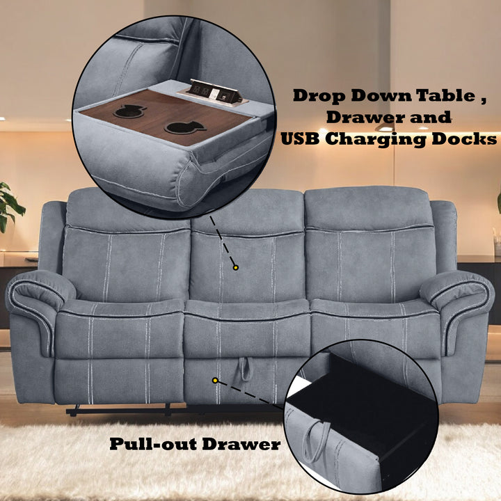 Zubaida Motion Sofa &amp; Console with USB in Two Tone Gray Velvet - features