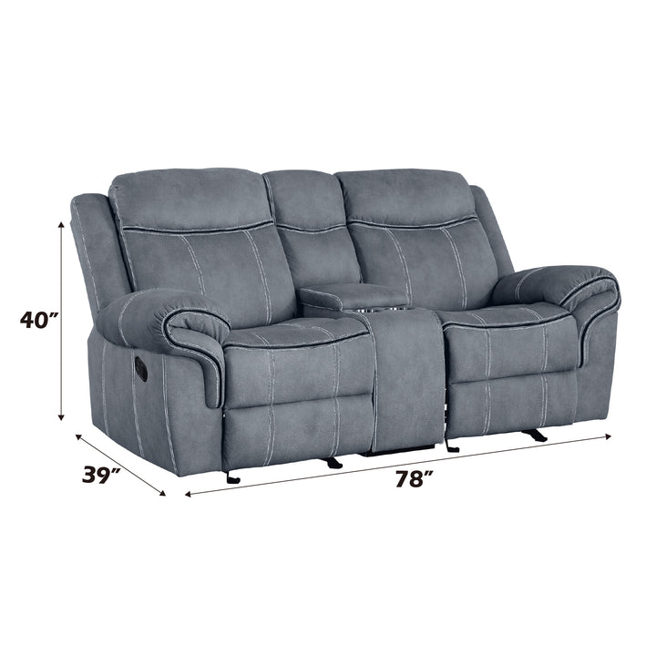 Zubaida Motion Loveseat &amp; Console with USB in Two Tone Gray Velvet - dimensions