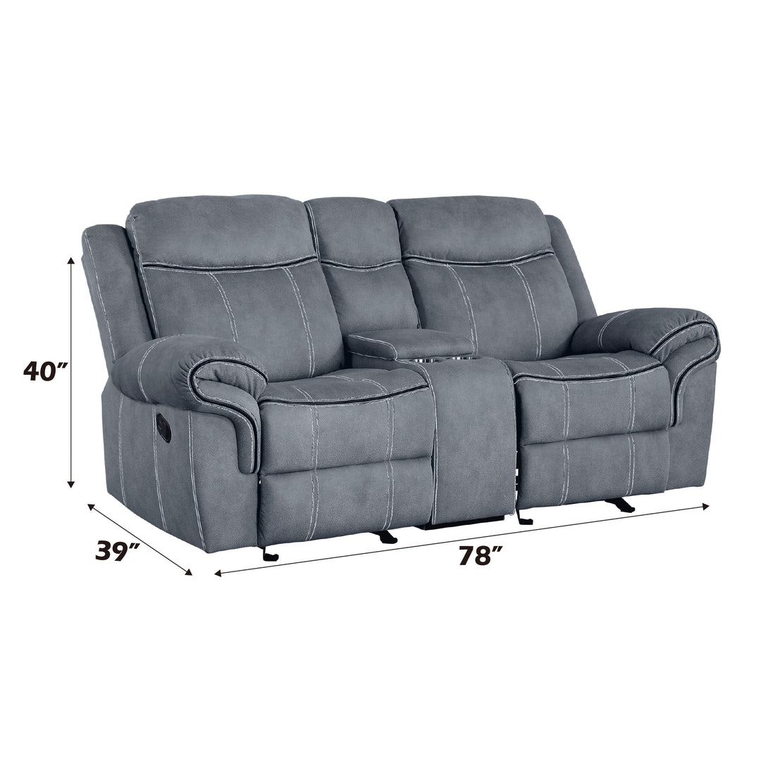 Zubaida Motion Loveseat & Console with USB in Two Tone Gray Velvet - dimensions