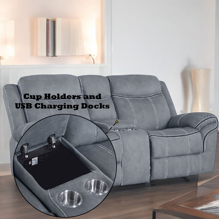 Zubaida Motion Loveseat &amp; Console with USB in Two Tone Gray Velvet - features