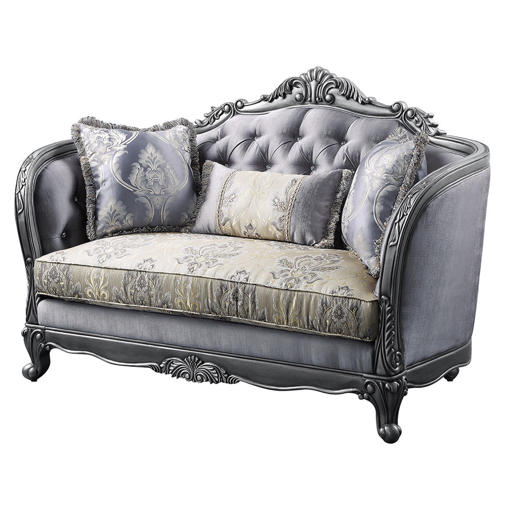 Ariadne Loveseat with 3 Pillows in Fabric & Platinum