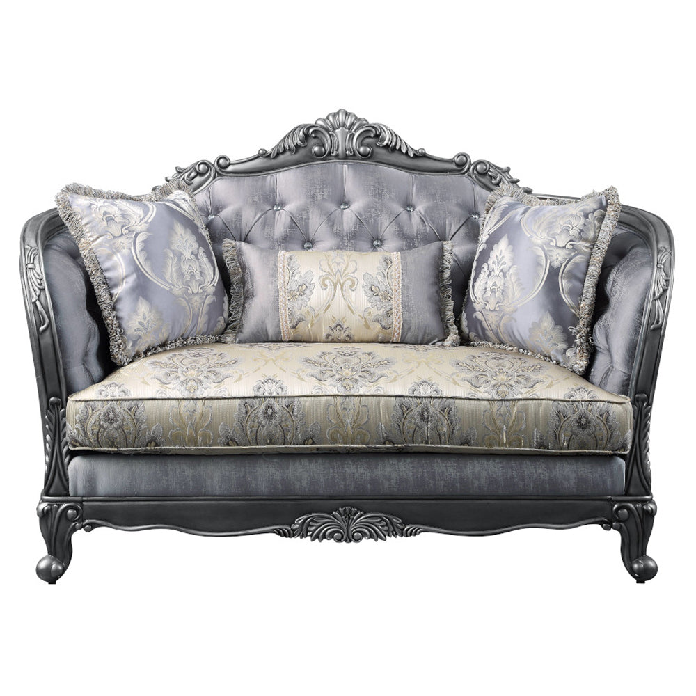 Ariadne Loveseat with 3 Pillows in Fabric & Platinum