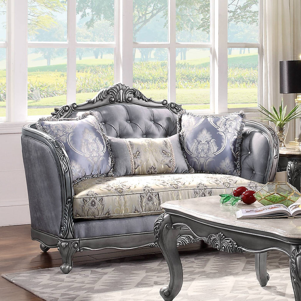 Ariadne Loveseat with 3 Pillows in Fabric & Platinum