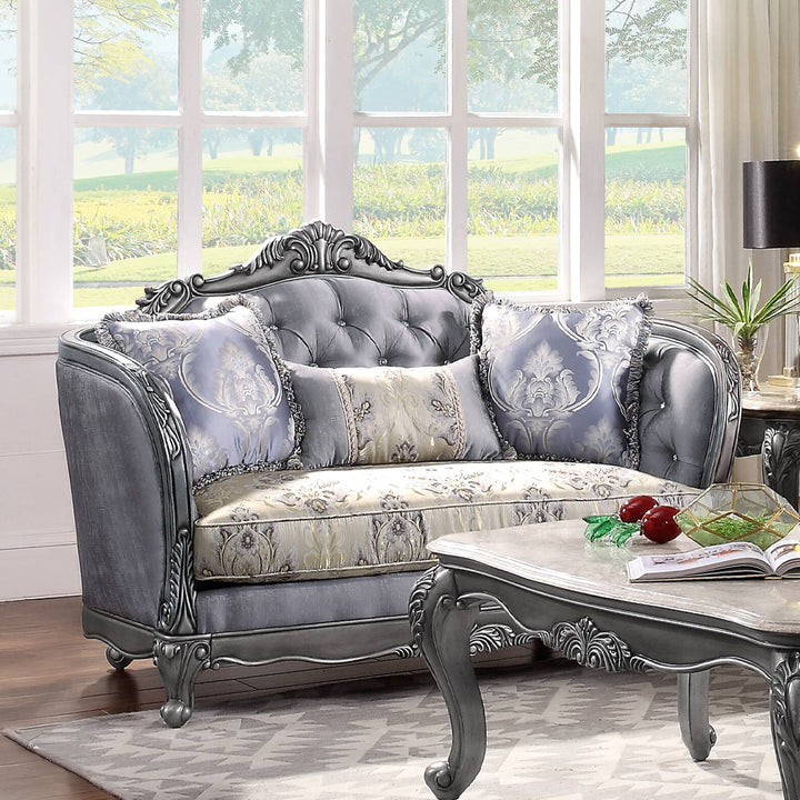 Ariadne Loveseat with 3 Pillows in Fabric &amp; Platinum