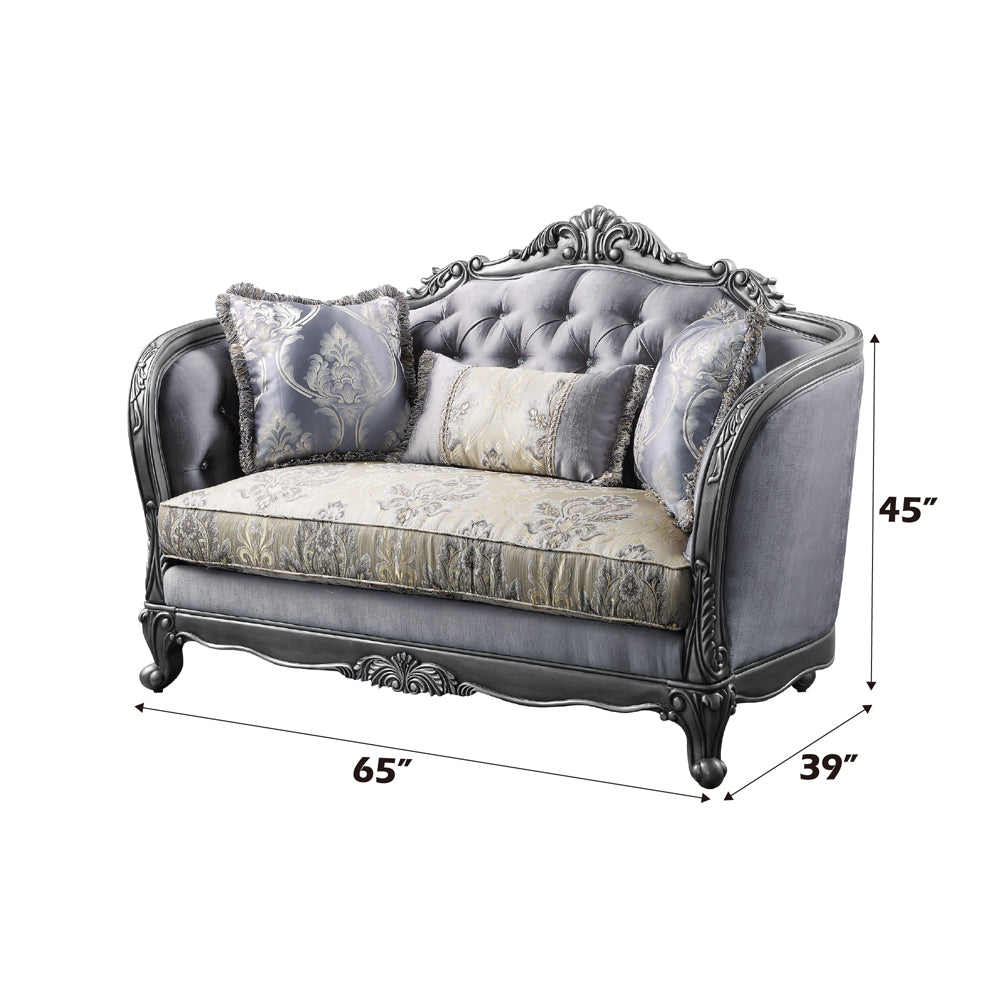 Ariadne Loveseat with 3 Pillows in Fabric & Platinum - dimensions