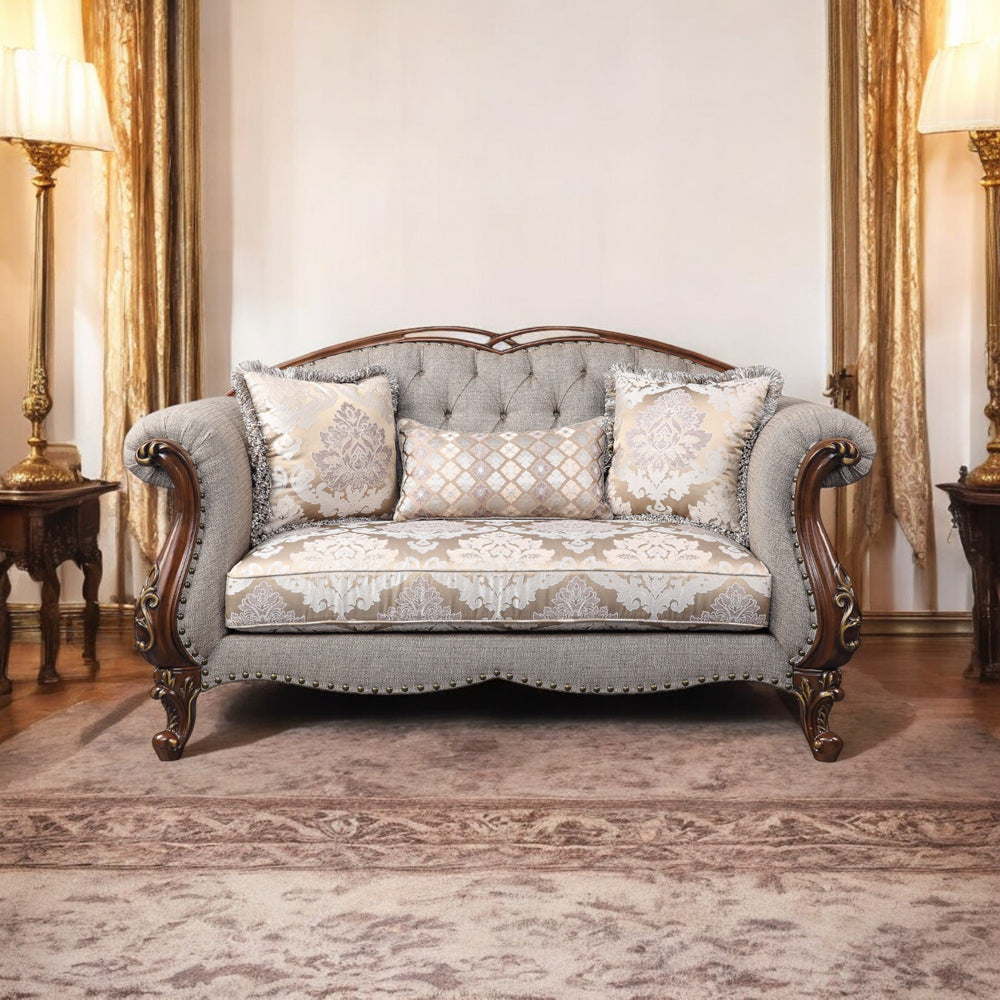Miyeon Loveseat with 3 Pillows in Fabric & Cherry