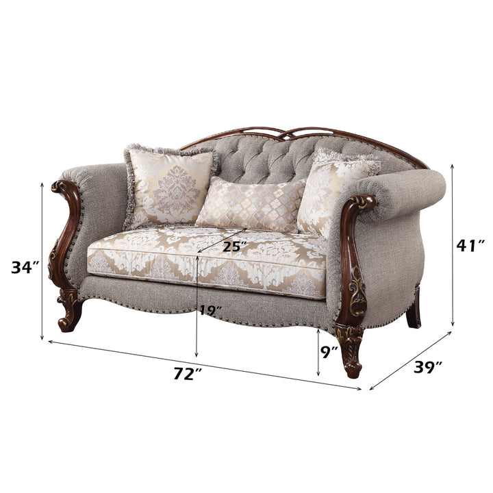 Miyeon Loveseat with 3 Pillows in Fabric &amp; Cherry - dimensions