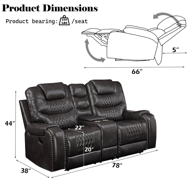 Braylon Motion Loveseat with Console in Magnetite Leatherette - dimensions