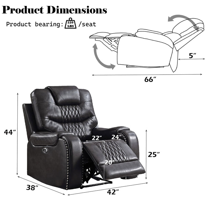 Braylon Power Motion Recliner in Magnetite Leatherette - dimensions