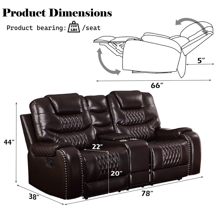 Braylon Motion Loveseat with Console in Brown Leatherette - dimensions