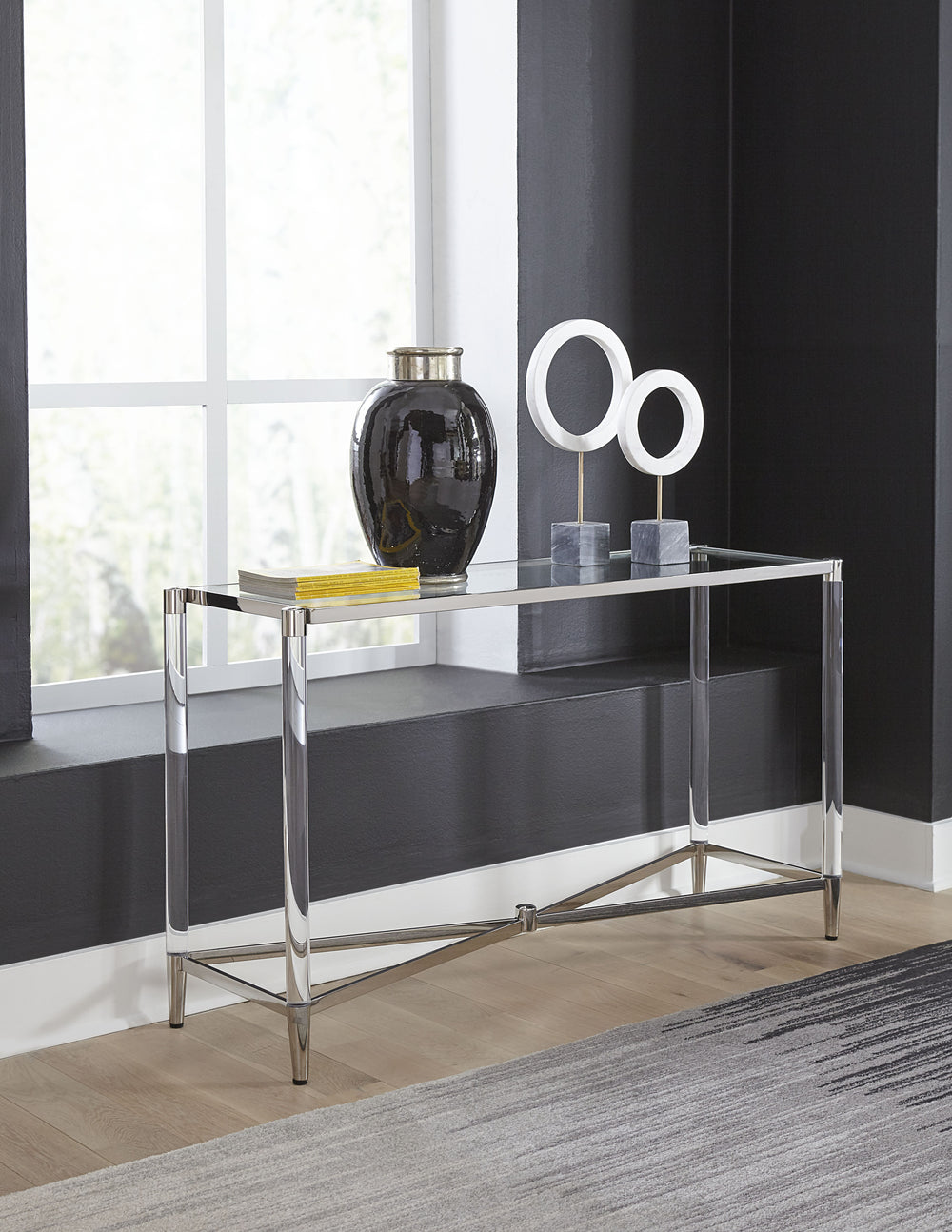 Modus Furniture 4Rv223 Marilyn Glass Top And Steel Base Rectangular Console Table