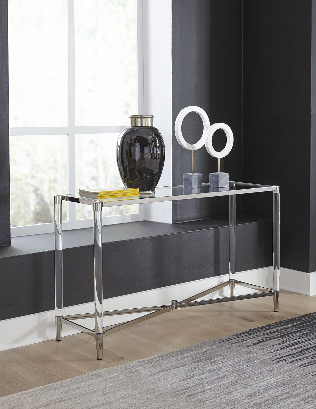 Modus Furniture 4Rv223 Marilyn Glass Top And Steel Base Rectangular Console Table