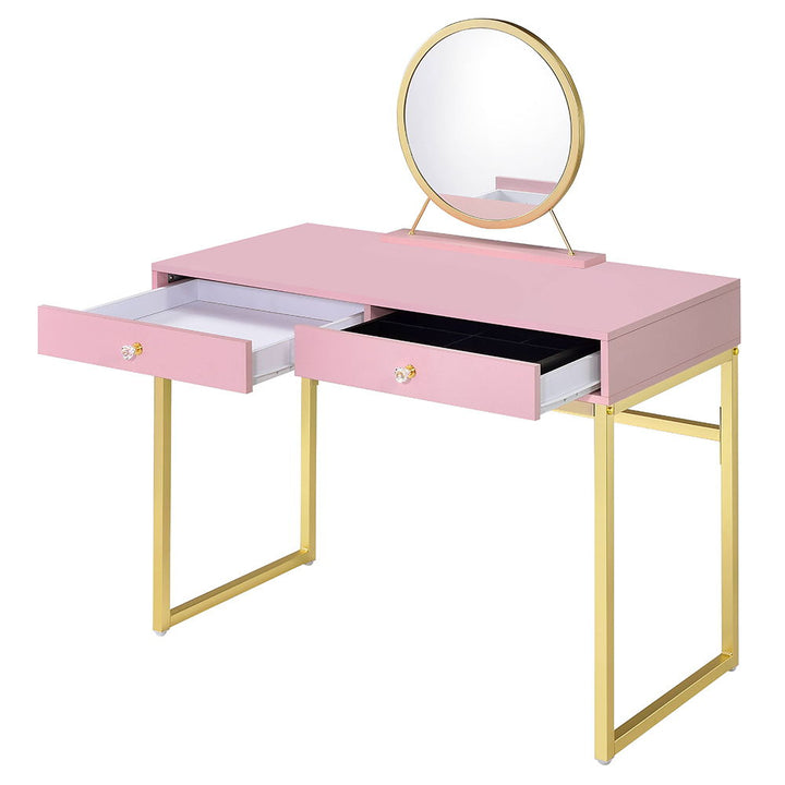 Coleen - Vanity Desk With Mirror & Jewelry Tray - Pink & Gold