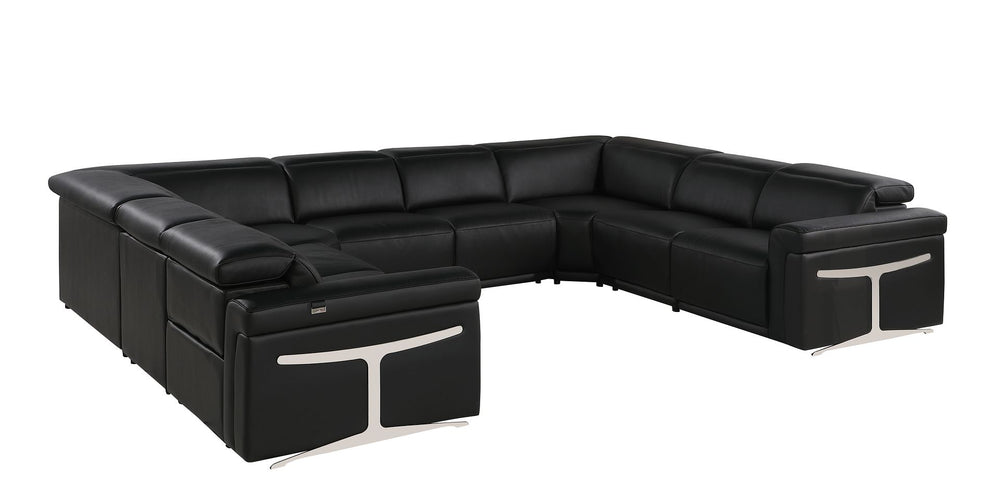 DivanItalia 1126 8-Piece U-Shaped Sectional Sofa in Top Grain Italian Leather with 4 Power Recliners & Power Headrests – No Console - Black
